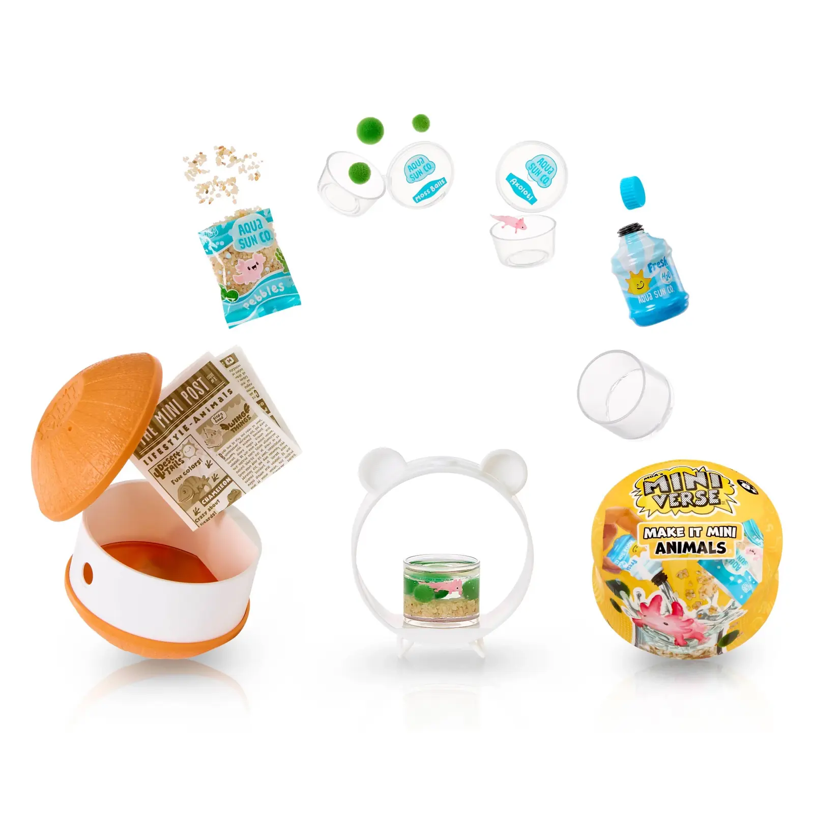Cápsula original de Miniverse Make It Mini Animals Serie 1 abierta con sus piezas, la receta del ajolote