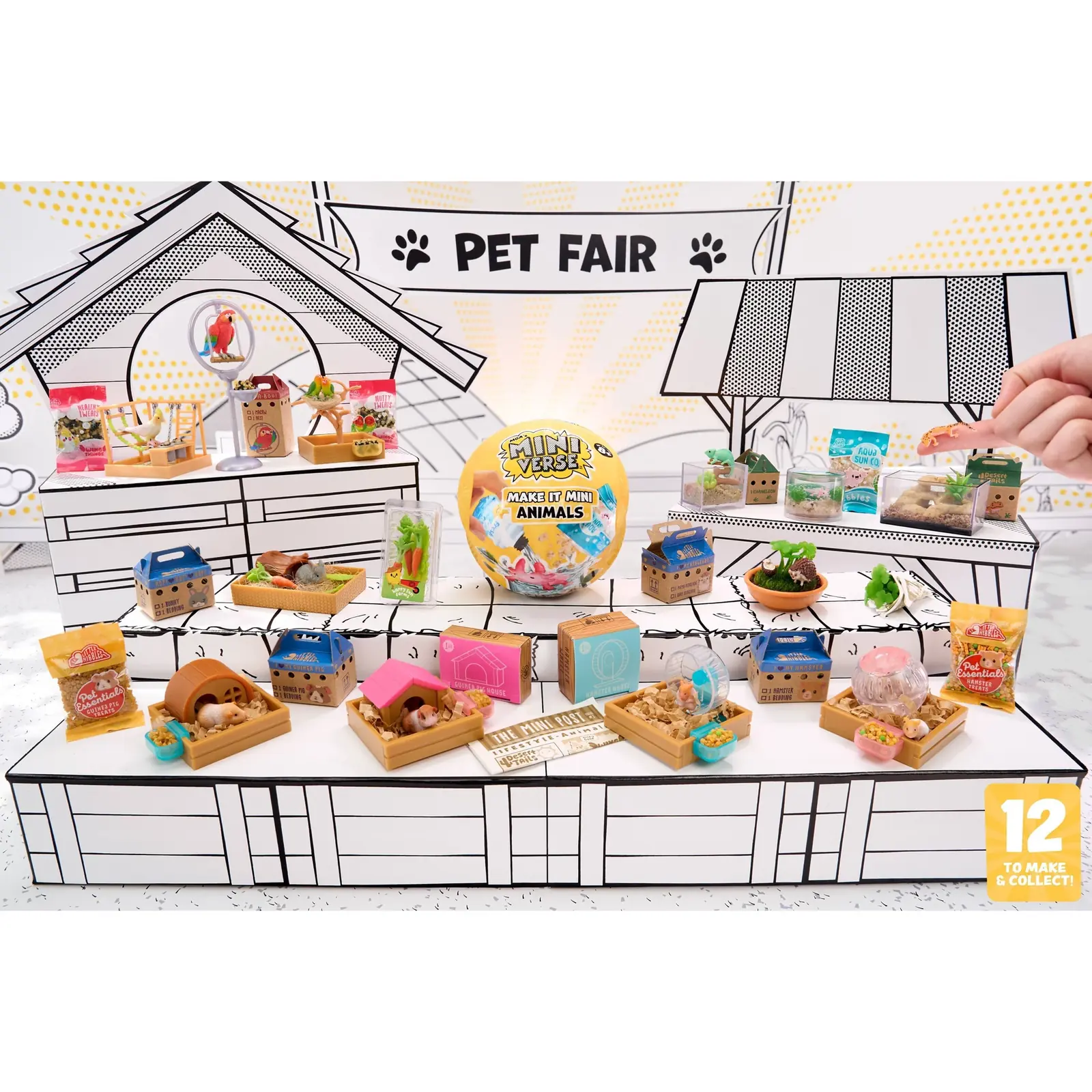 Las 12 recetas de Miniverse Make It Mini Animals Serie 1 montadas en una feria de mascotas