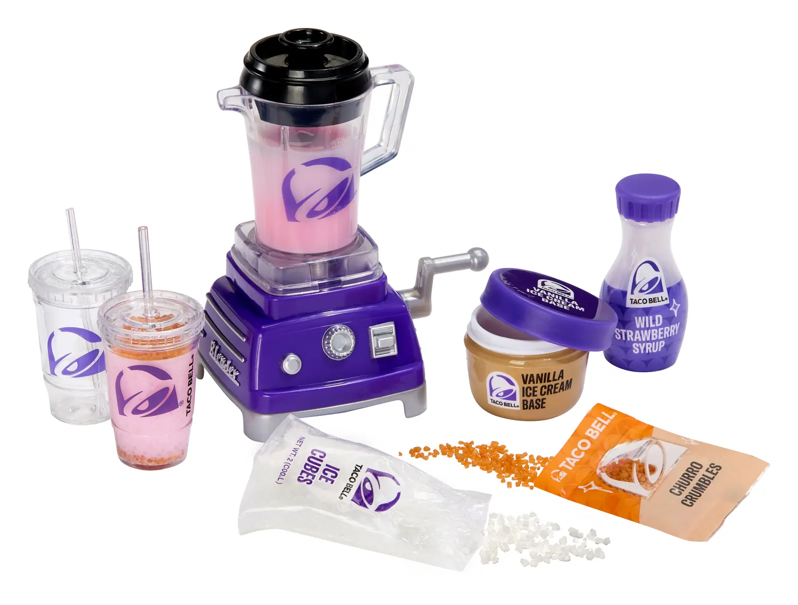 Taco Bell Blender de Miniverse Appliances Series 3 Wave B con el batido rosa, los vasos, el sirope Wild Strawberry y los Churro Crumbles