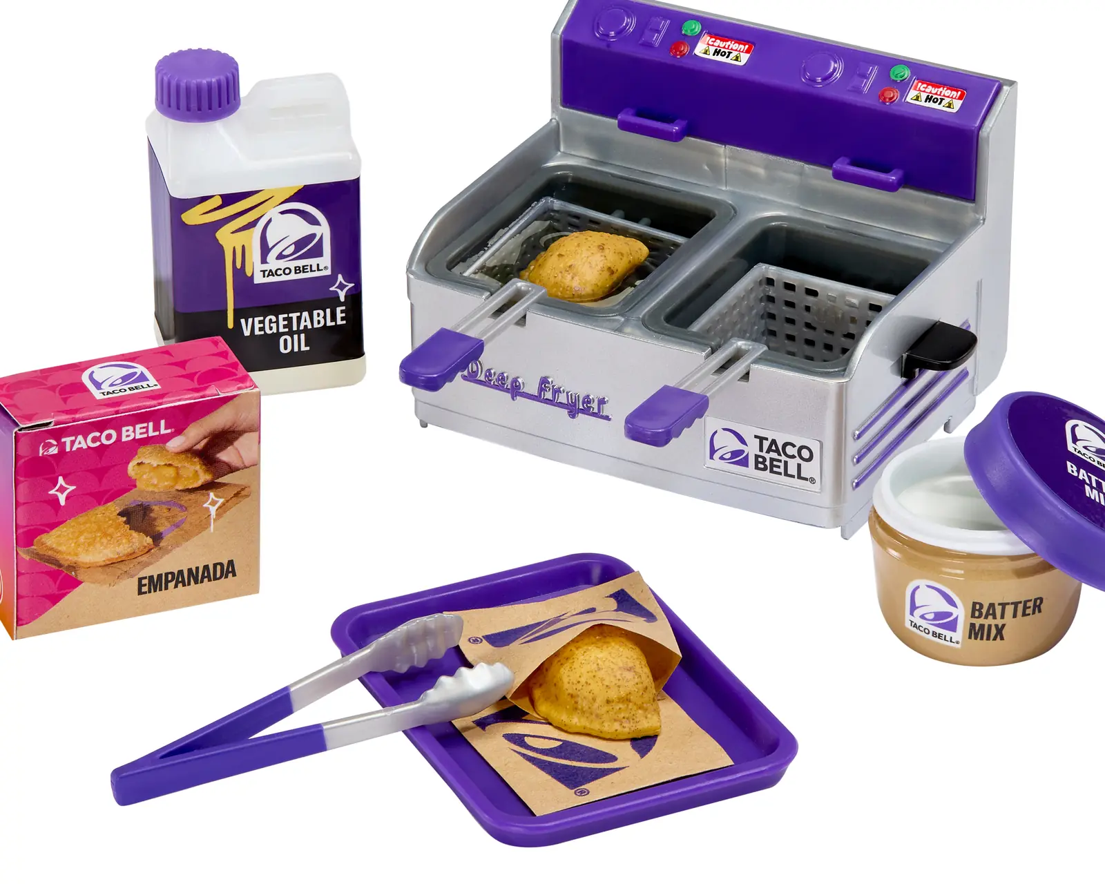 Taco Bell Deep Fryer de Miniverse Appliances Series 3 Wave B con la empanada, el aceite, el Batter Mix, las pinzas y la bandeja morada