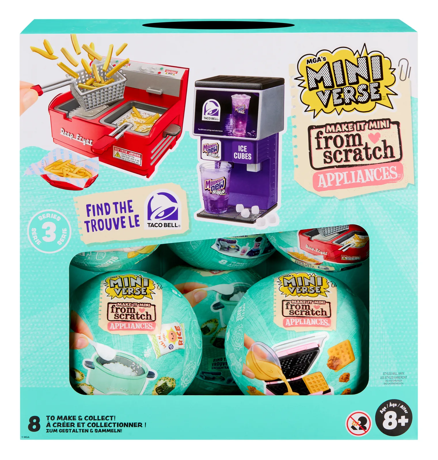 Display de Miniverse Make It Mini From Scratch Appliances Series 3 Wave B con el rótulo Find the Taco Bell y 8 to make and collect