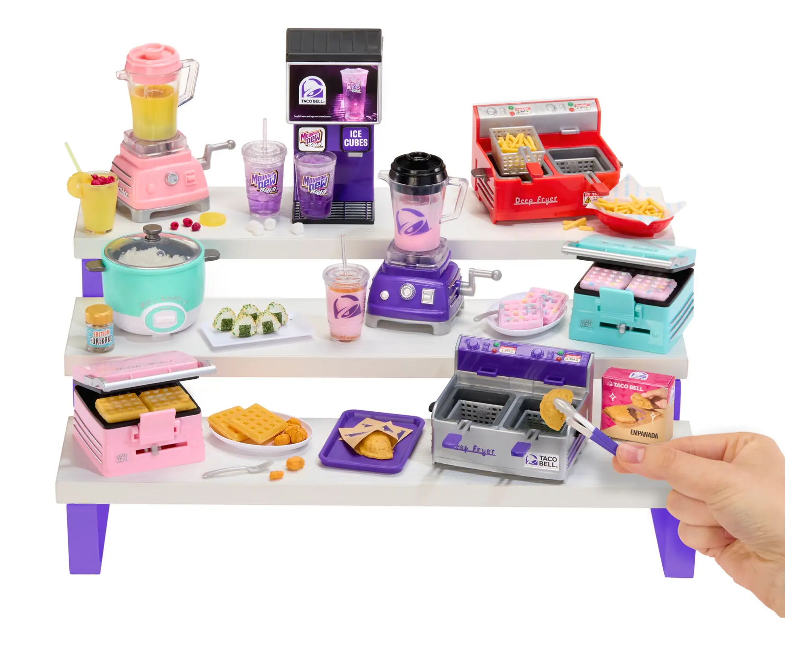 Escena promocional de Miniverse Appliances Series 3 Wave B con los aparatos regulares y los tres Taco Bell en morado