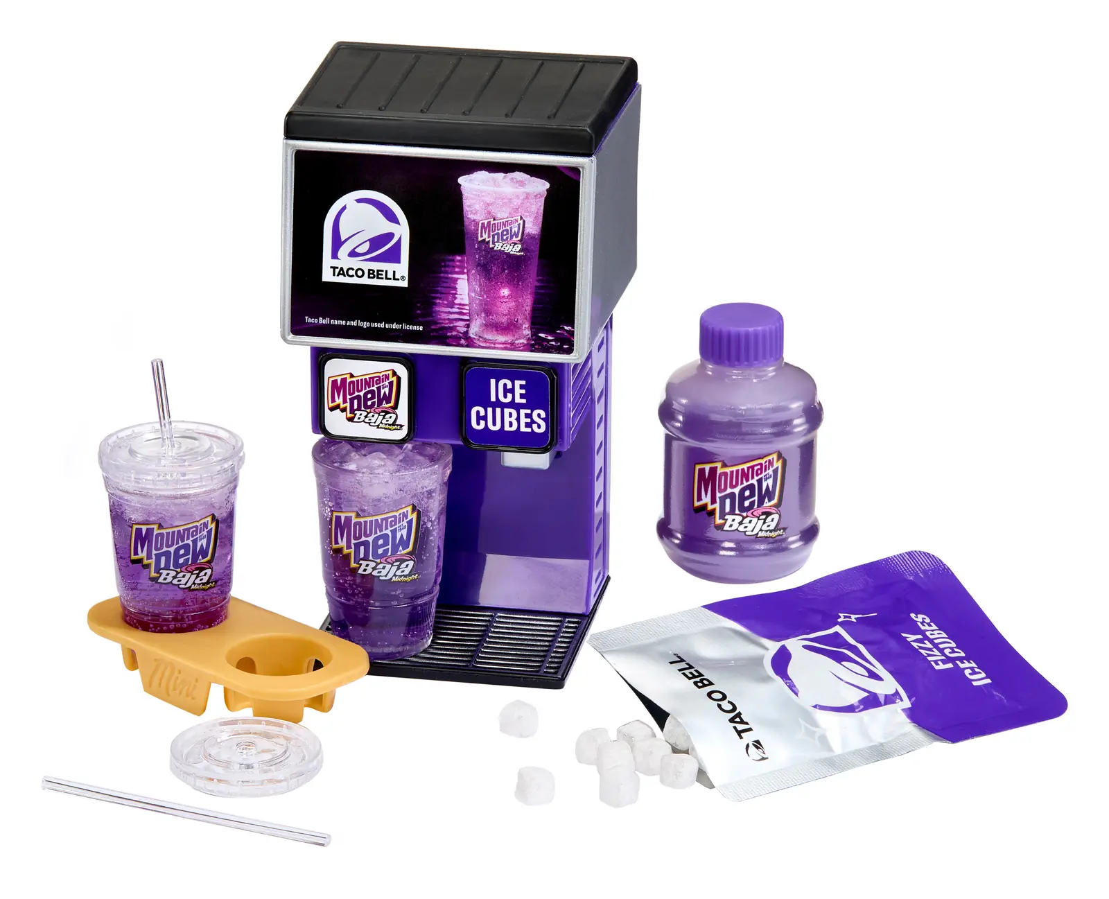 Taco Bell Baja Midnight Soda Dispenser de Miniverse Appliances Series 3 Wave B con dos vasos de Mountain Dew Baja, cubitos y portavasos