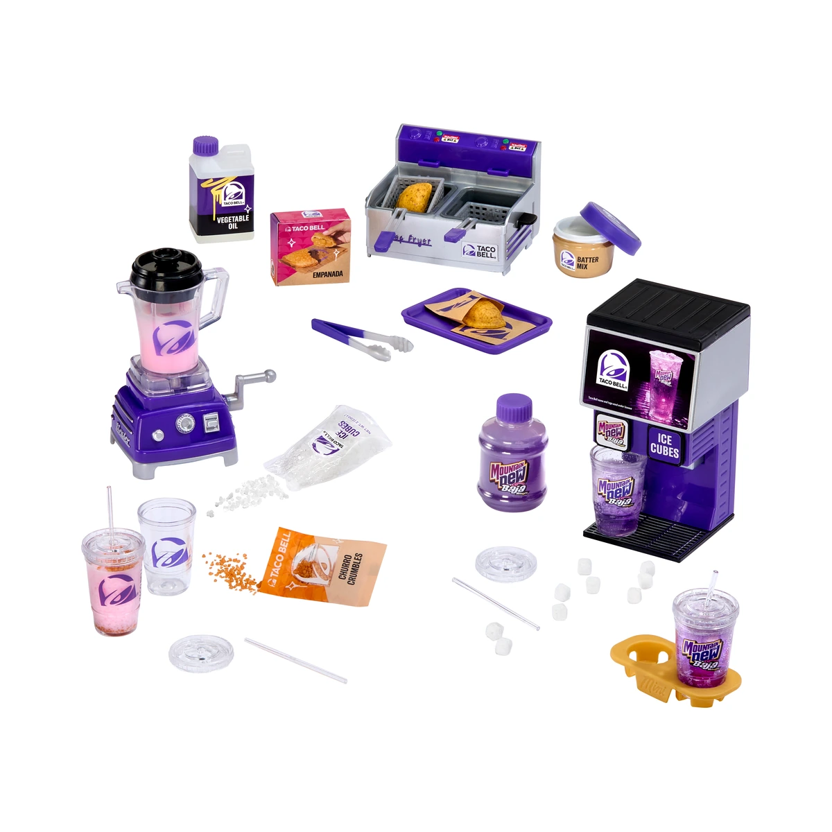 Los tres electrodomésticos Taco Bell de Miniverse Appliances Series 3 Wave B: freidora, batidora y dispensador de Mountain Dew Baja Midnight con sus accesorios