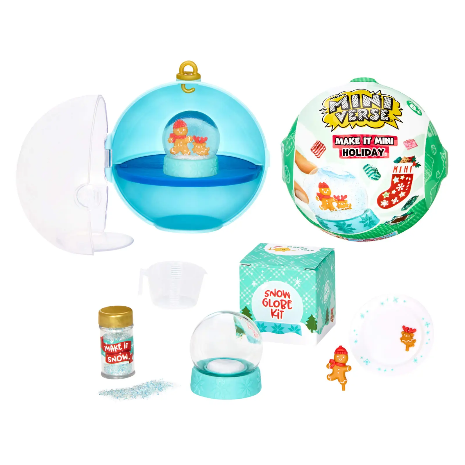 Contenido de la cápsula Snow Globe de Miniverse Holiday Series 4: bola abierta, kit de la bola de nieve, purpurina y galleta de jengibre