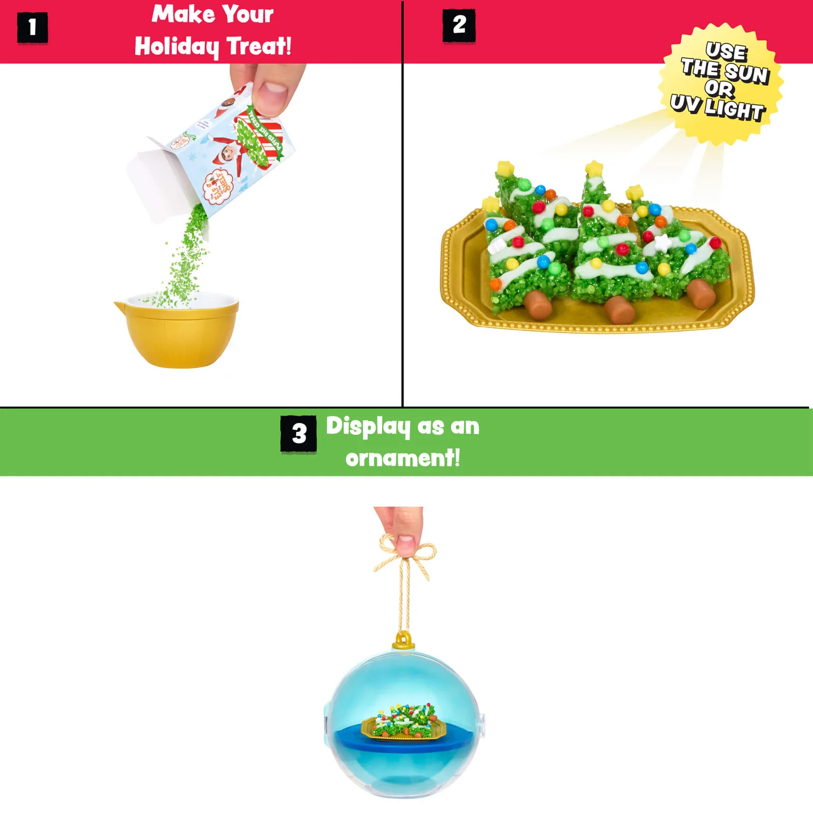 Instrucciones oficiales de Miniverse Holiday Series 4: mezclar, curar la resina al sol o con luz UV y colgar la bola como adorno