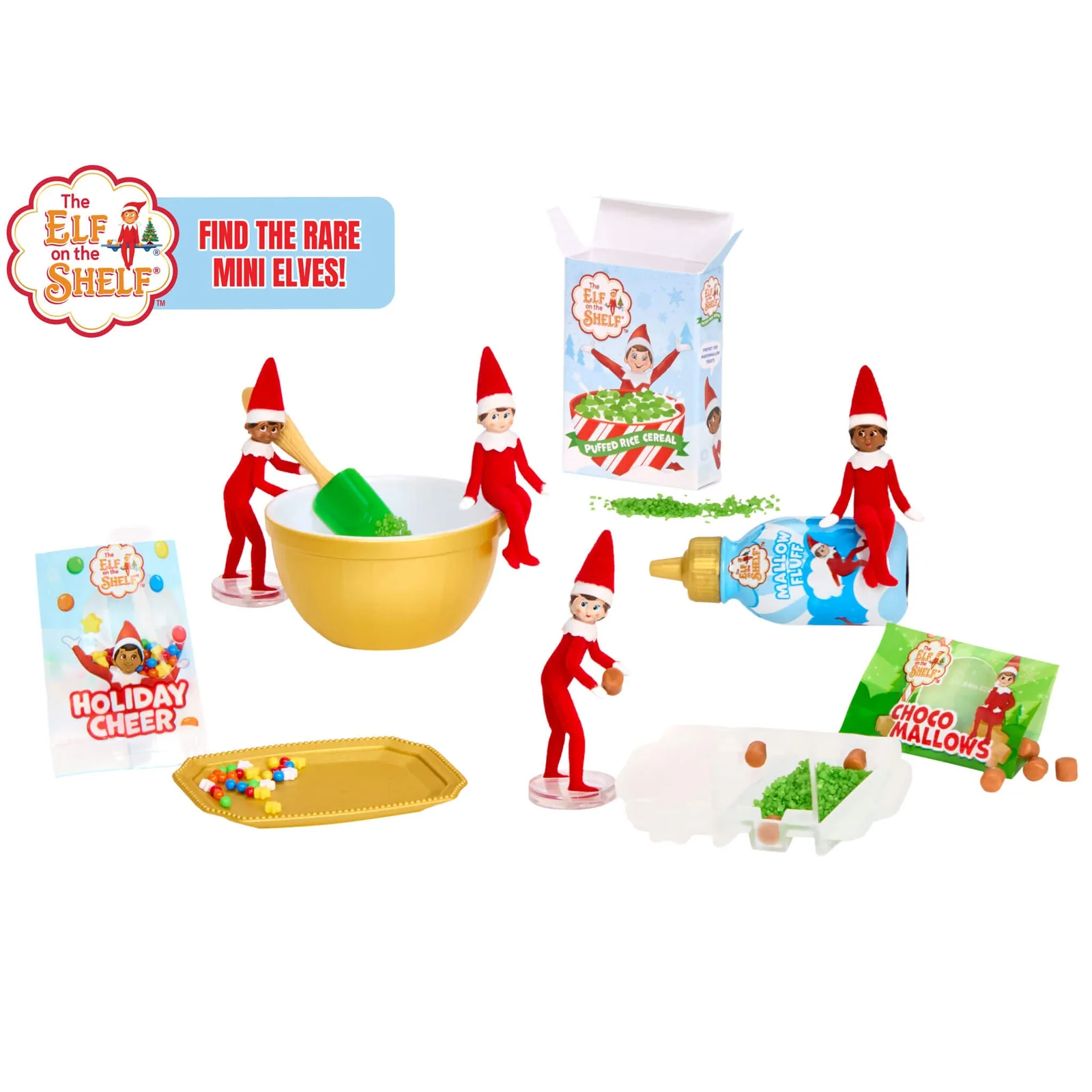 Los cuatro mini elfos raros de The Elf on the Shelf de Miniverse Holiday Series 4 junto a los ingredientes de la receta