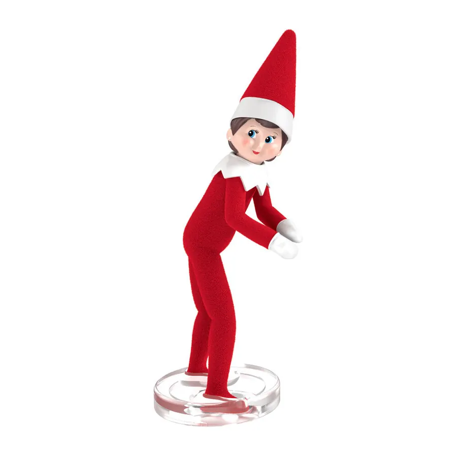 El Scout Elf de The Elf on the Shelf de pie sobre su soporte transparente en Miniverse Holiday Series 4