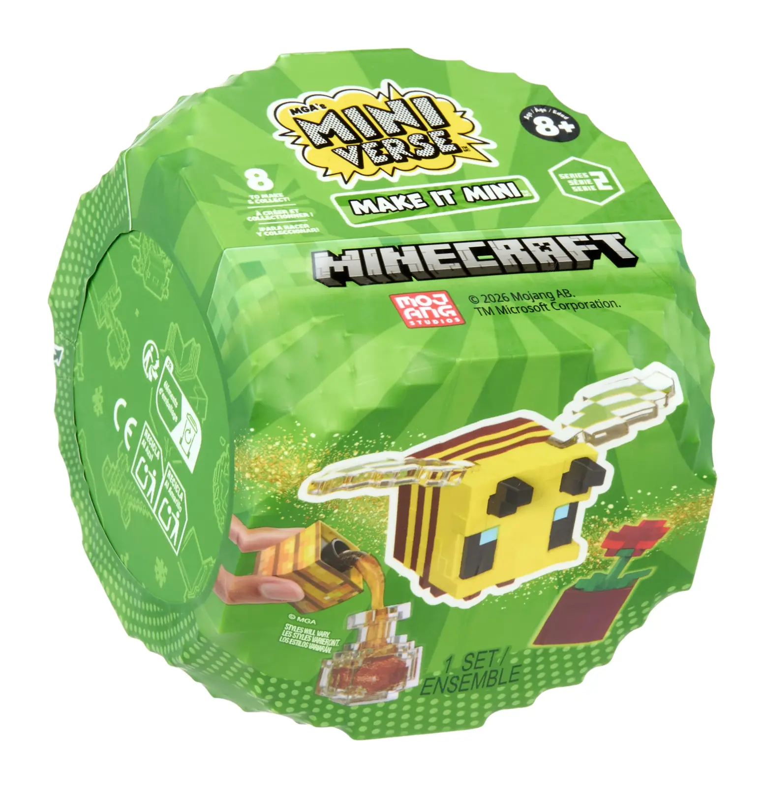 Producto cerrado de Miniverse Make It Mini Minecraft Series 2: envoltorio verde redondeado y facetado con una abeja, una colmena, una flor roja y la insignia Series 2 en el frontal