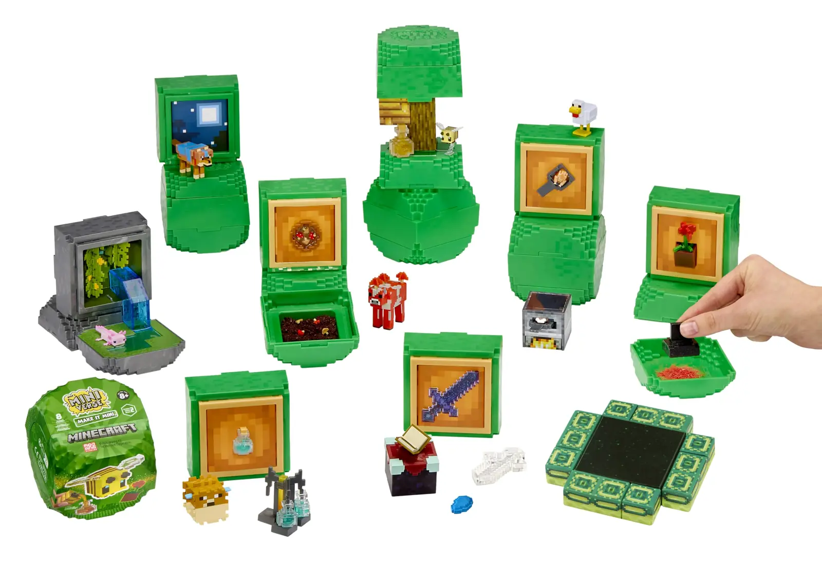 Los 8 coleccionables de Miniverse Minecraft Series 2 montados junto al End Portal