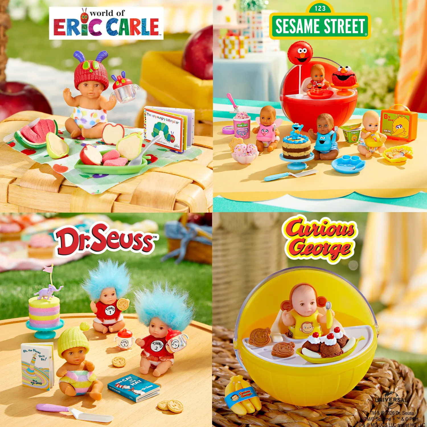 Los sets de Miniverse Real Baby Classics agrupados por licencia: Eric Carle, Barrio Sésamo, Dr. Seuss y Jorge el Curioso