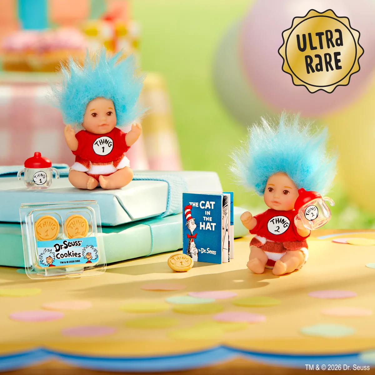 Set ultra raro Dr. Seuss Thing 1 & Thing 2 Snack Box de Miniverse Real Baby Classics con dos bebés de pelo azul