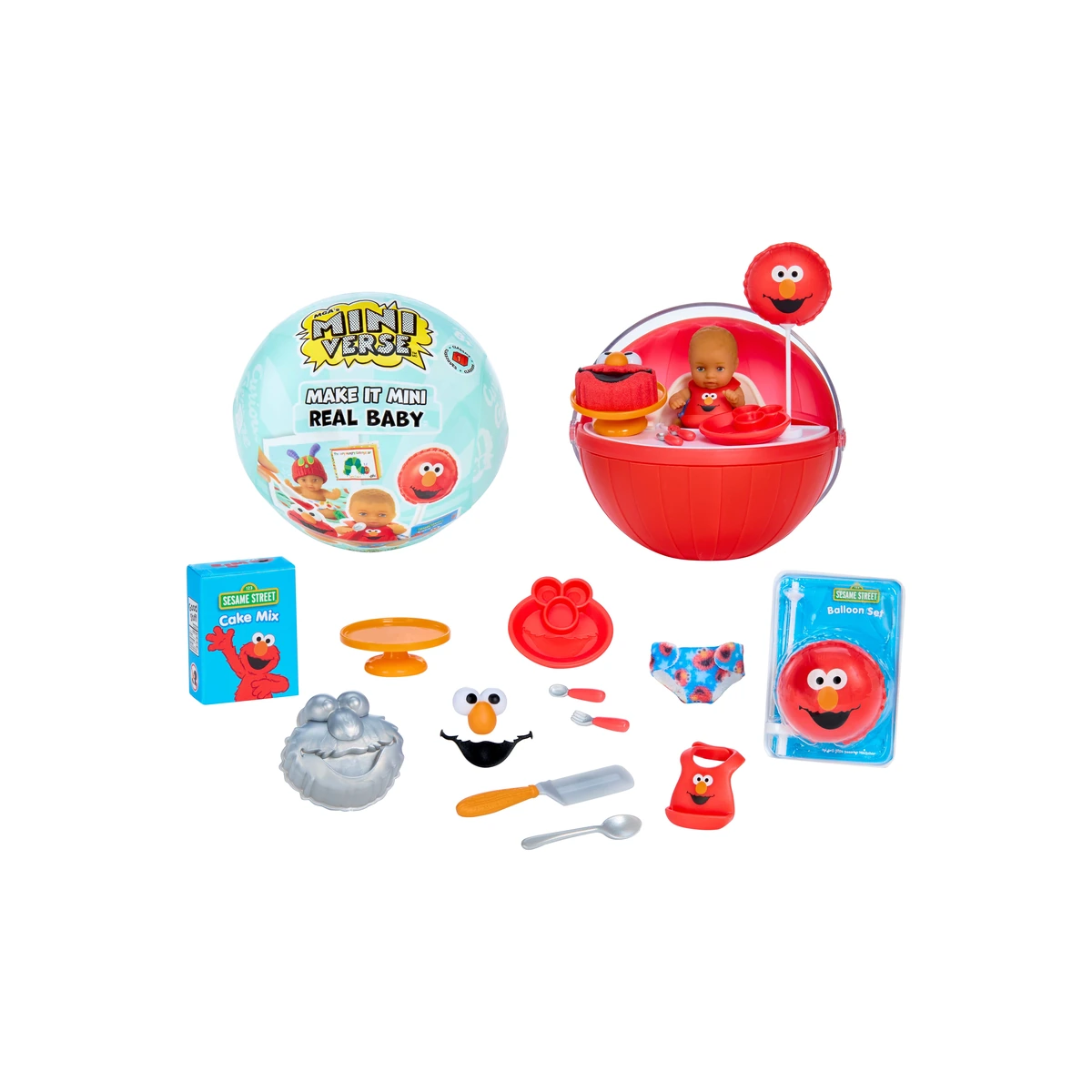 Miniverse Real Baby Classics: cápsula cerrada y set Elmo Birthday Cake de Barrio Sésamo con bebé, trona y accesorios