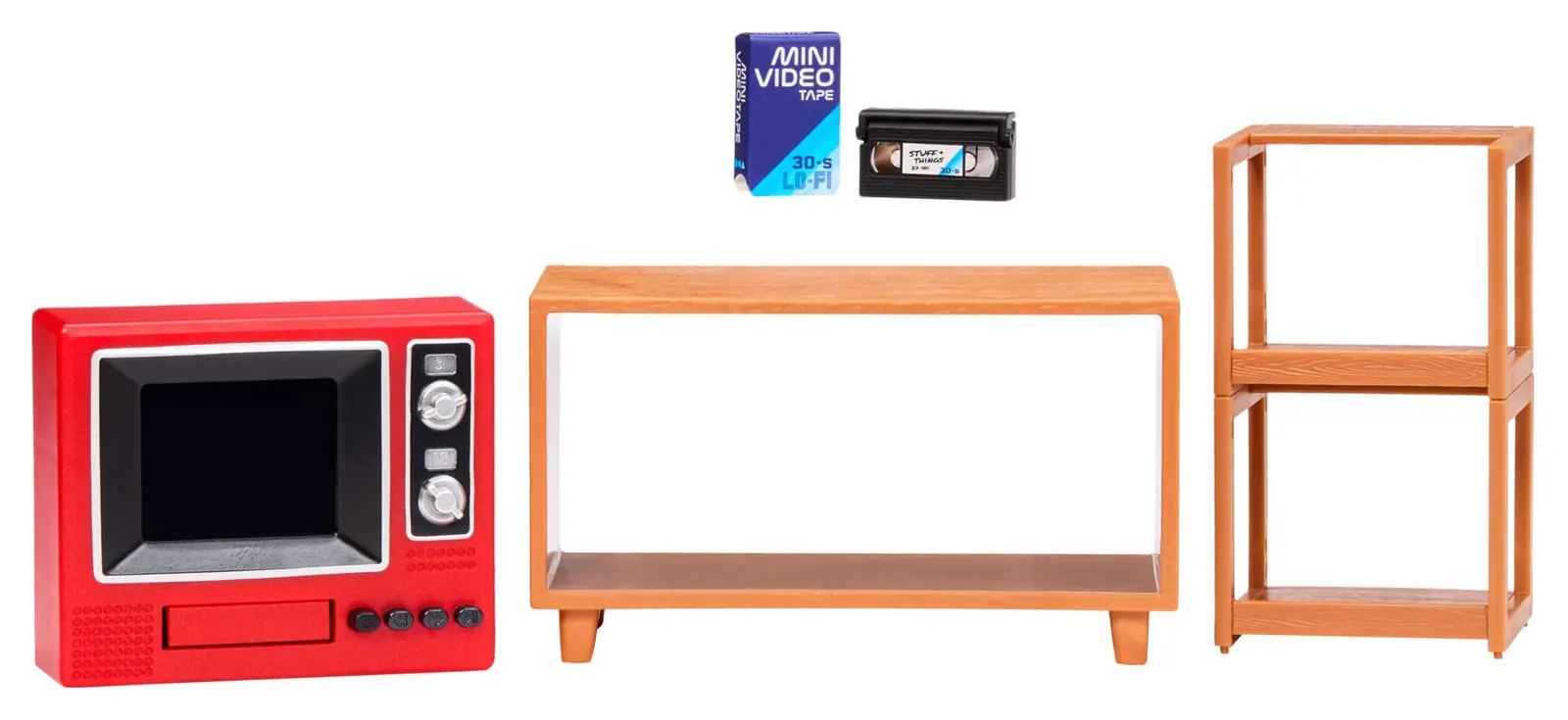Contenido del Miniverse Real TV Player: televisión roja, mueble, expositor de dos baldas y la cinta Stuff + Things con su funda