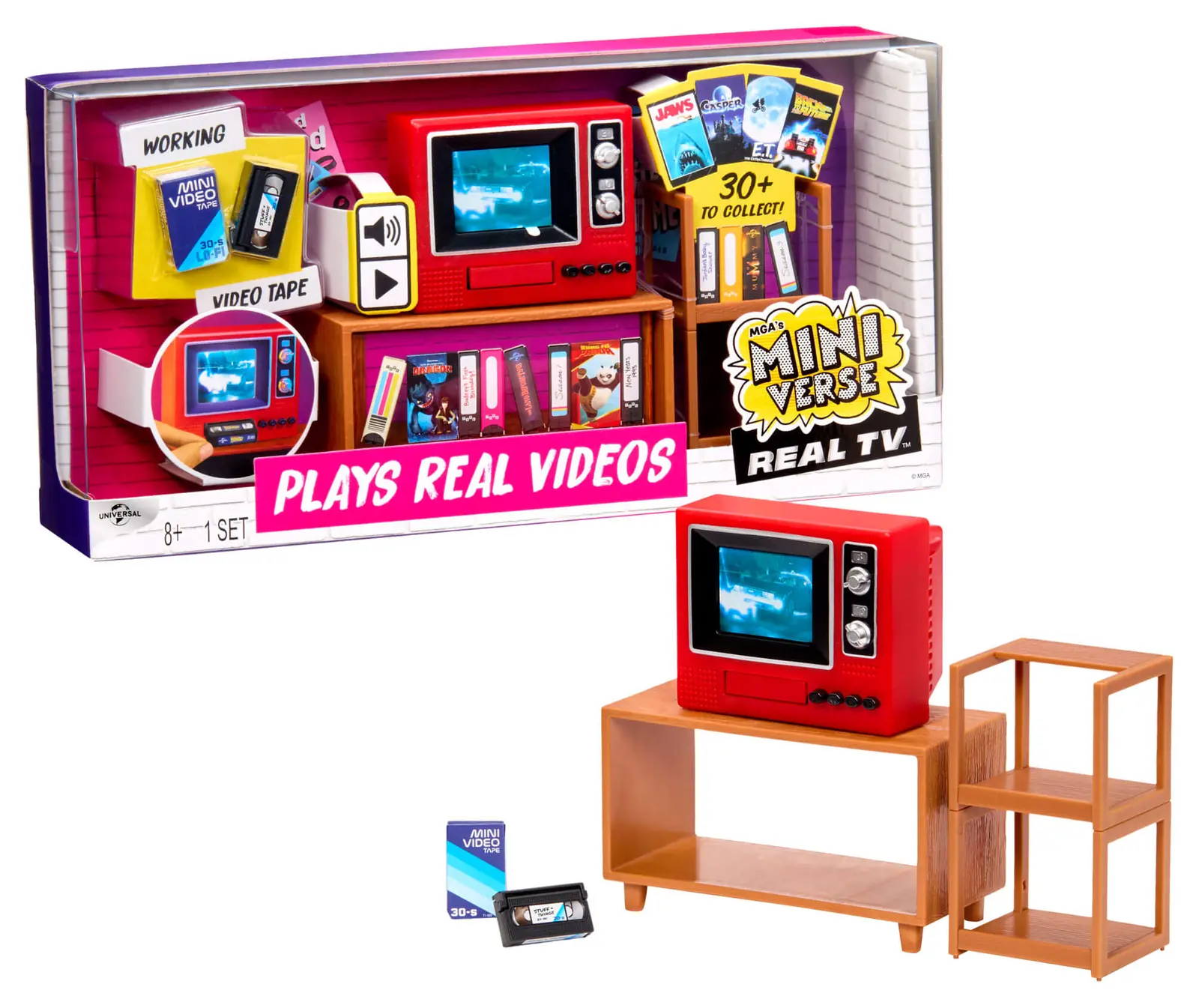 Miniverse Real TV Player retail box next to everything inside: the red TV, the stand, the display case and the exclusive mini tape