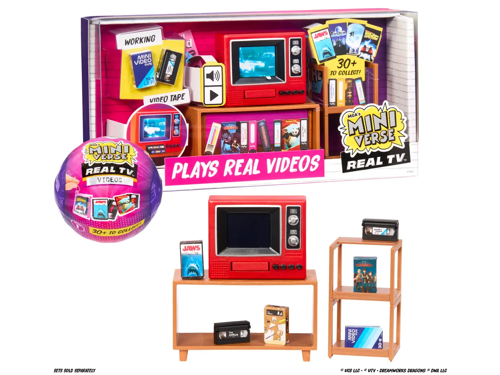 Caja del Miniverse Real TV Player con el reclamo Plays Real Videos, la cápsula Real TV Videos y la televisión montada sobre su mueble