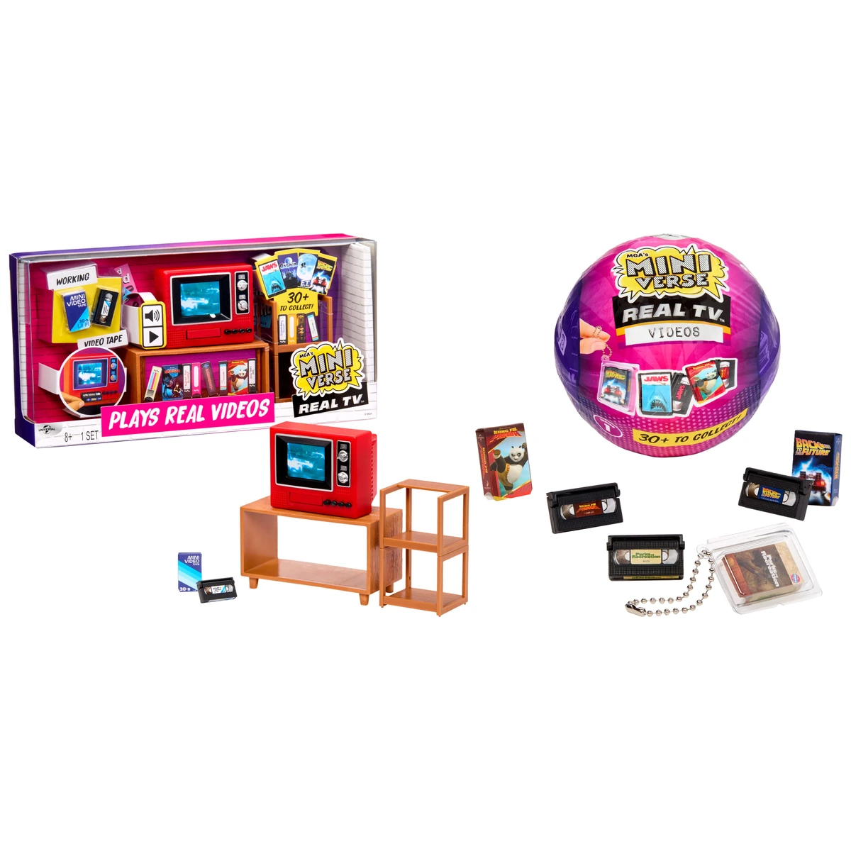 Miniverse Real TV: caja del Real TV Player con la mini televisión montada y cápsula de Real TV Videos con tres cintas