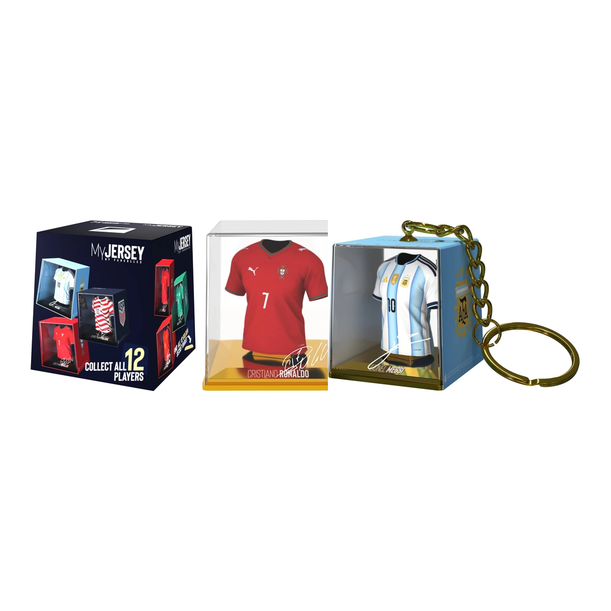 MyJersey 2026 de FanCollex: camisetas de futbol en miniatura dentro de urnas de metacrilato con la firma impresa en la peana