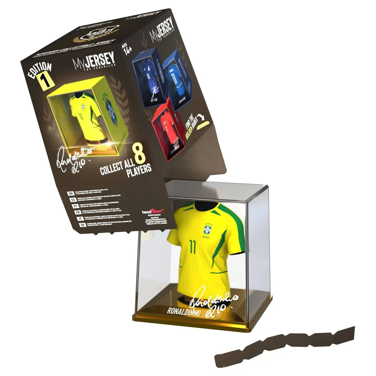 Caja de MyJersey Legends of Soccer Edition 1 con la camiseta de Ronaldinho sobre peana dorada