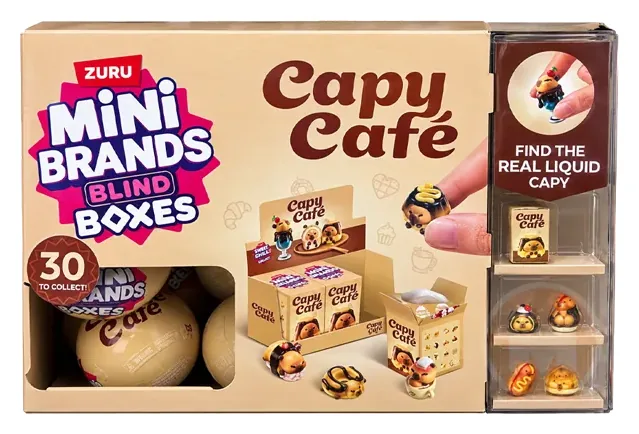 Caja de ZURU Mini Brands Blind Boxes Capy Café con bolas beis, expositor de cajitas y capibaras postre, reclamo 30 to collect