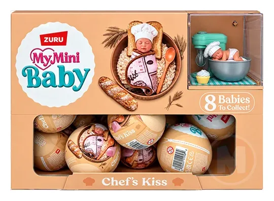 Caja de ZURU My Mini Baby Chef's Kiss con bebé con gorro de cocinero, batidora de pie verde y bolas beis, reclamo 8 babies to collect