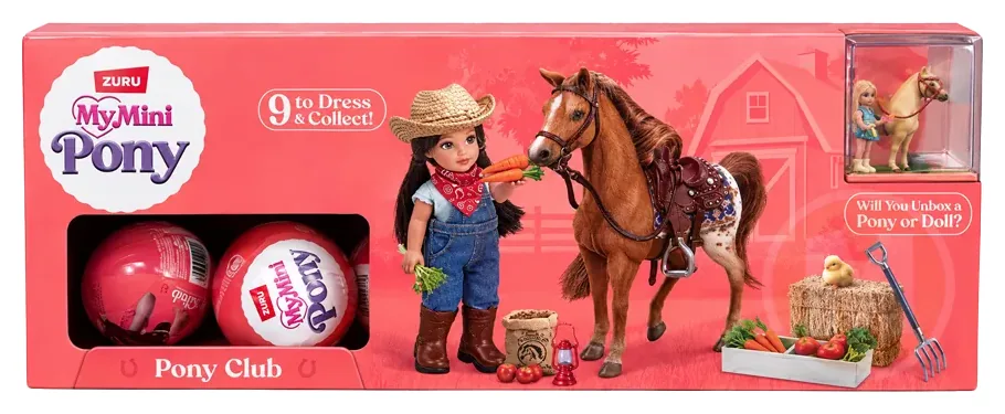 Caja de ZURU My Mini Pony Pony Club con muñeca vaquera, caballo castaño ensillado y bolas rosas, reclamo 9 to dress and collect