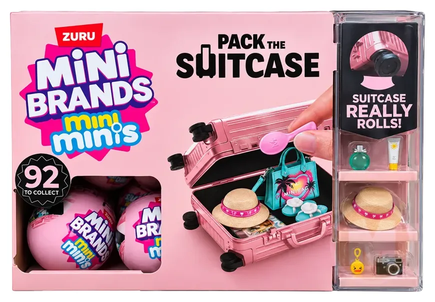 Caja de ZURU Mini Brands mini minis Pack the Suitcase con maleta rosa abierta, pamela, bolso y chanclas, reclamo 92 to collect