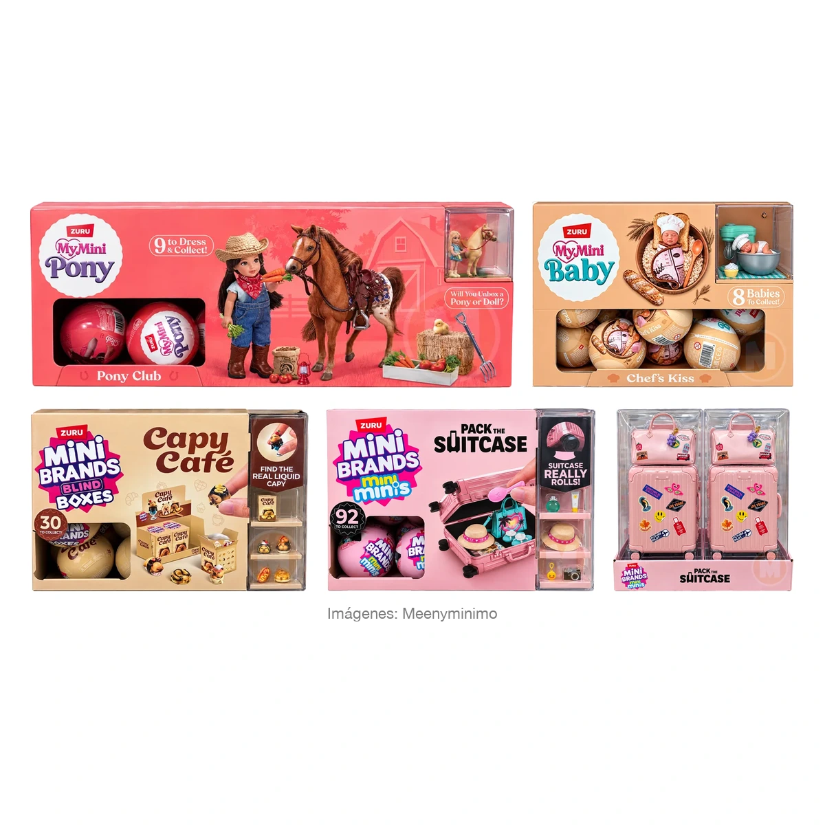 Nuevas series ZURU: cajas de My Mini Pony Pony Club, My Mini Baby Chef's Kiss, Mini Brands Blind Boxes Capy Café y Mini Brands mini minis Pack the Suitcase