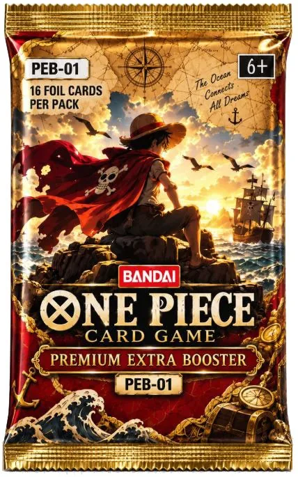 Sobre del One Piece Card Game Premium Extra Booster PEB-01 con la leyenda 16 FOIL CARDS PER PACK