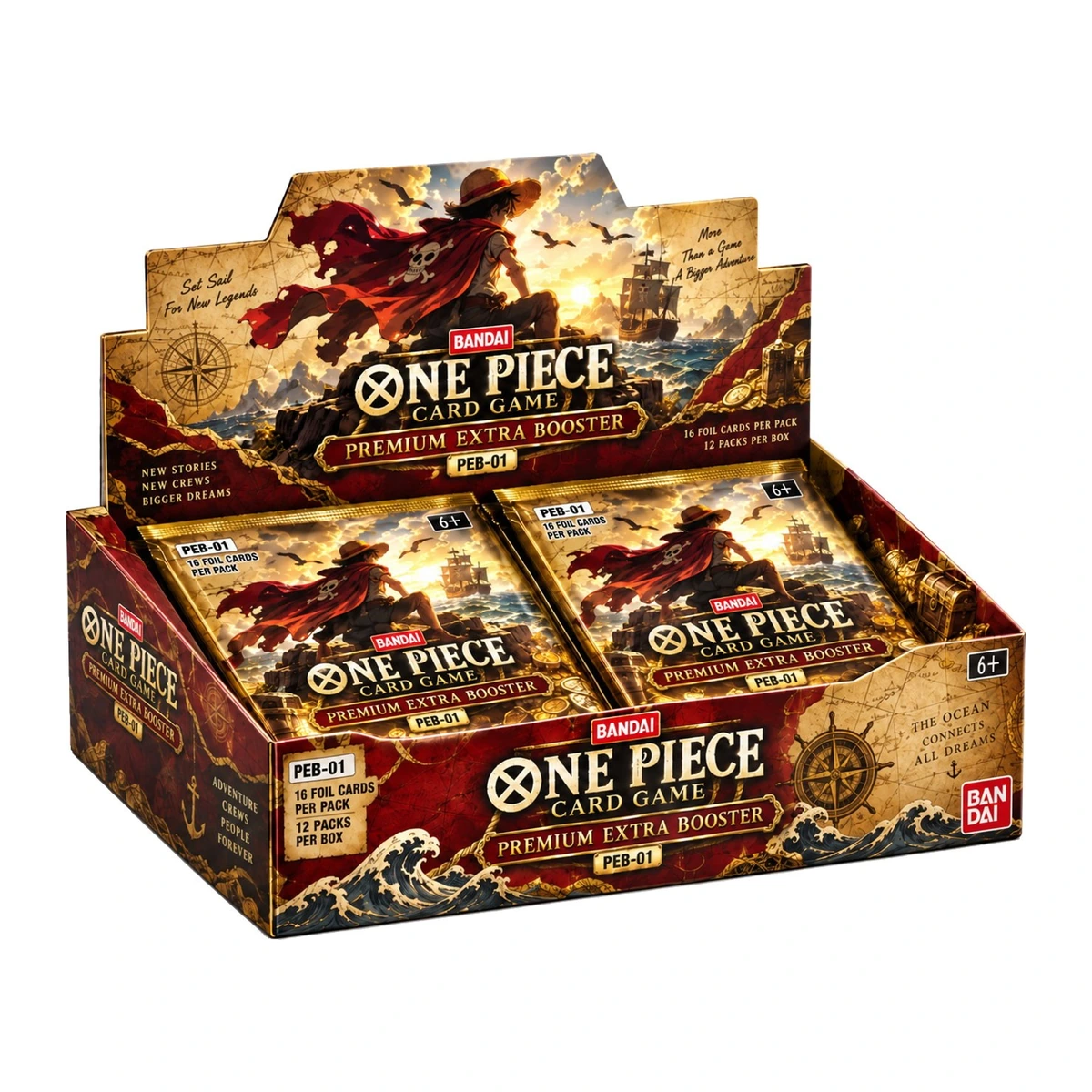 Display del One Piece Card Game Premium Extra Booster PEB-01 abierto con los sobres de 16 cartas foil