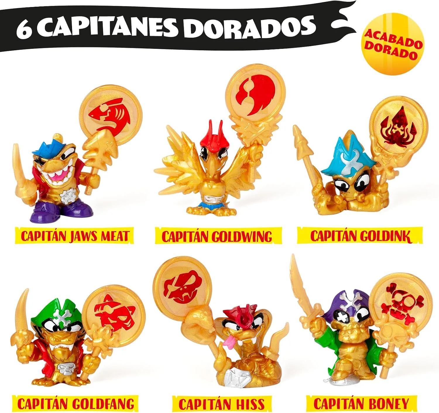 Los 6 capitanes dorados de Piratix Secret Treasure: Jaws Meat, Goldwing, Goldink, Goldfang, Hiss y Boney