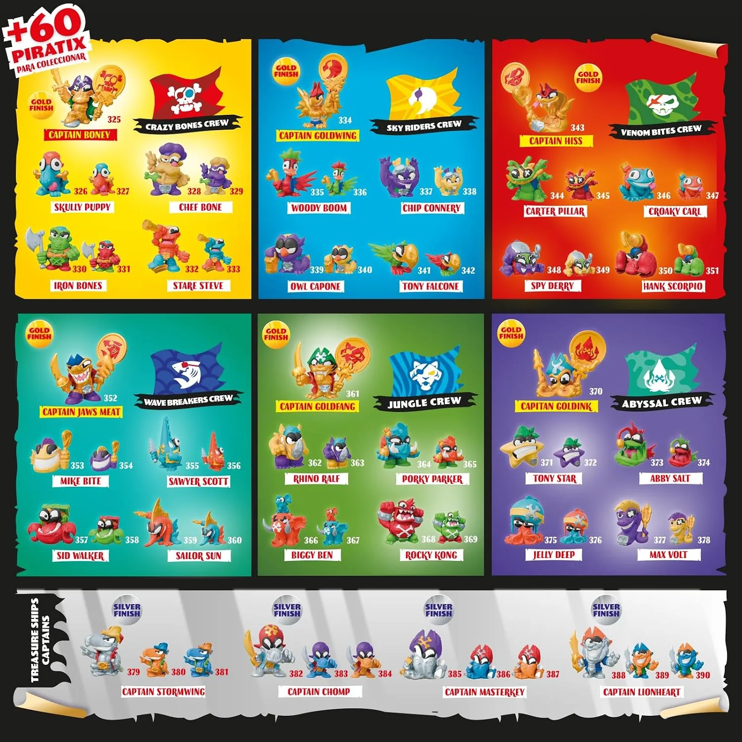 Lámina checklist de Piratix Secret Treasure con las 66 referencias numeradas 325-390 por tripulación
