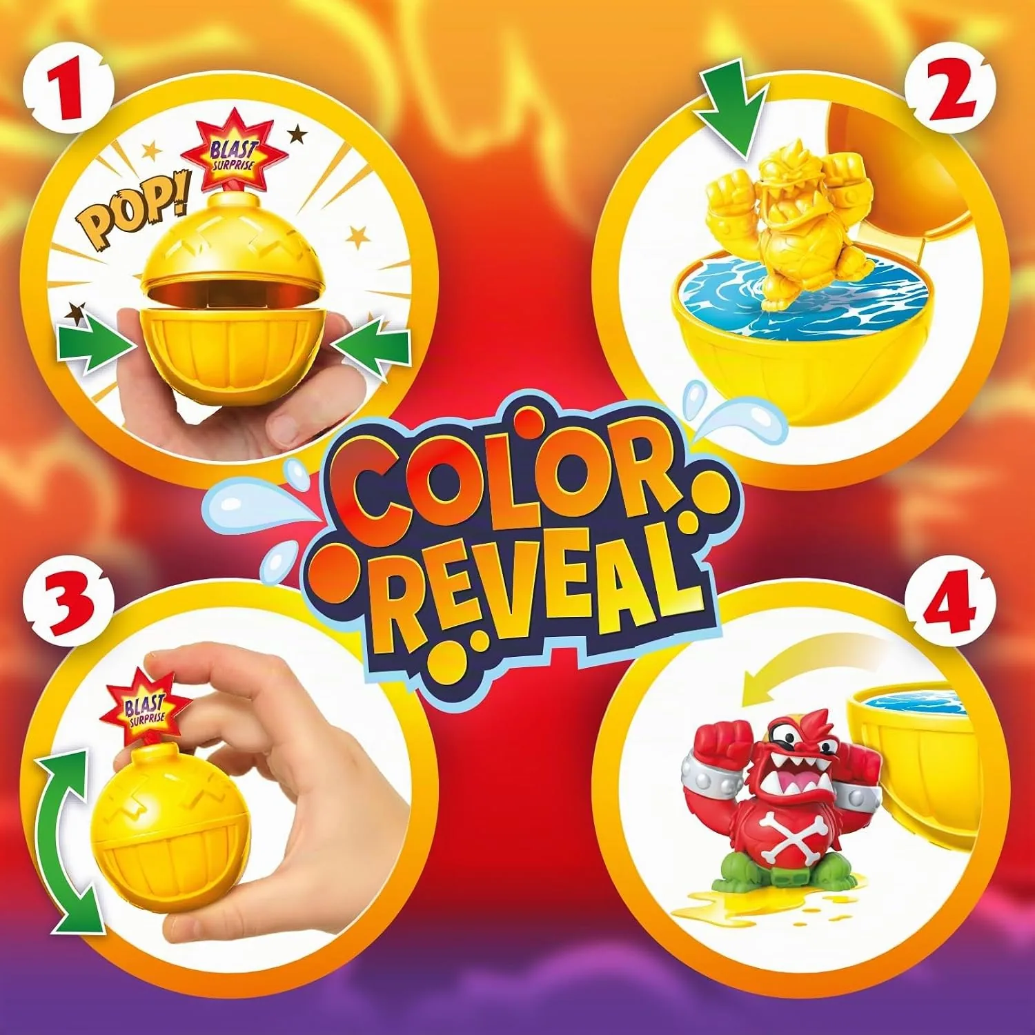 Los 4 pasos del Color Reveal de Piratix Secret Treasure: abrir la bola, meter la figura dorada en agua, agitar y sacar la figura con su color