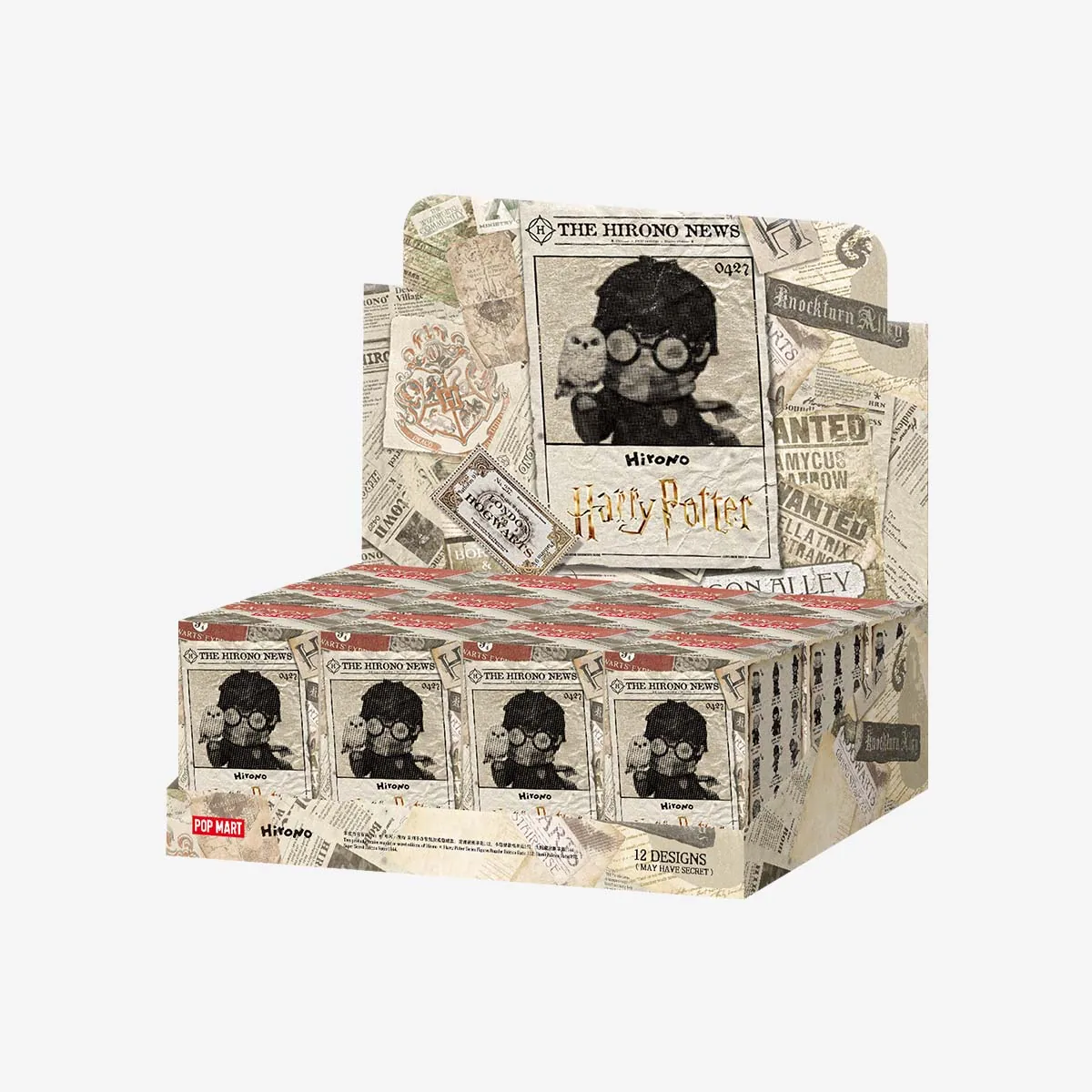 Display de la serie Hirono x Harry Potter de POP MART con el texto 12 designs may have secret