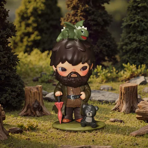 Figura de Rubeus Hagrid de Hirono x Harry Potter de POP MART con un dragón en la cabeza y paraguas rosa
