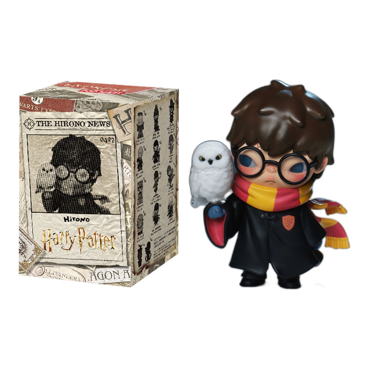 Hirono Harry Potter de POP MART: caja The Hirono News y figura de Harry Potter con Hedwig