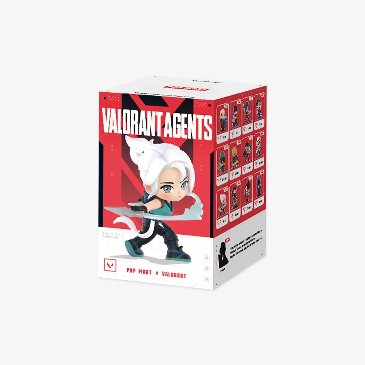 Caja individual VALORANT Agents de POP MART con Jett en la portada y el reparto de la serie en el lateral