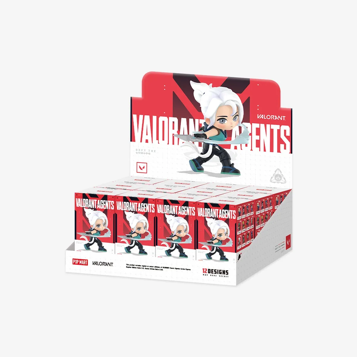 Display de 12 cajas de la serie POP MART VALORANT Classic Agents con Jett en el expositor