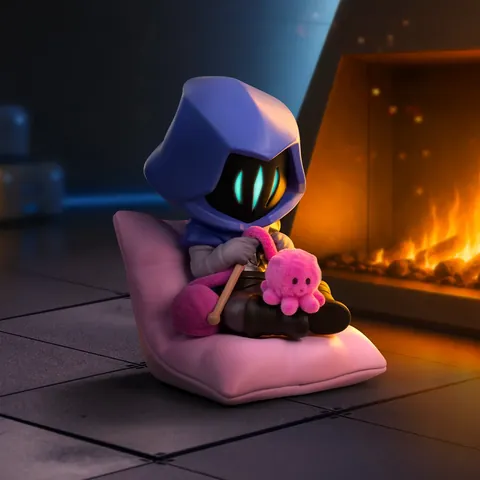 Figura secreta Omen-Downtime de POP MART VALORANT: Omen sentado en un cojín rosa haciendo punto