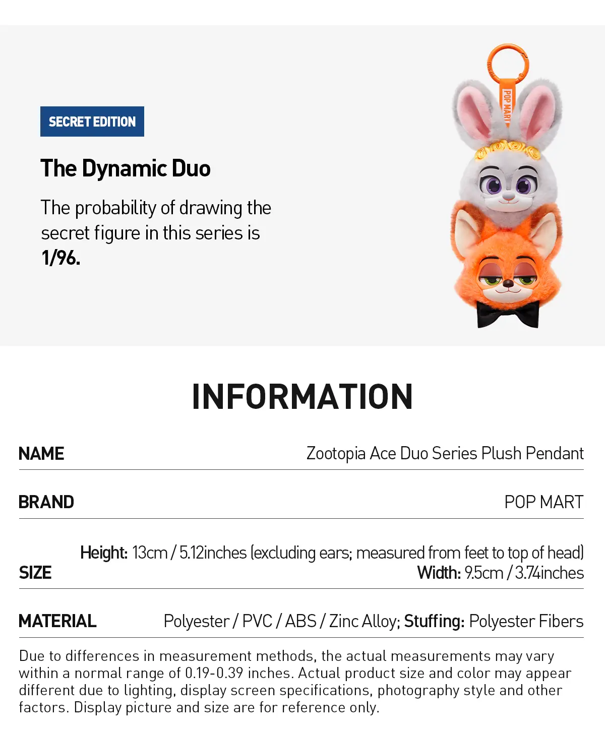 Embalaje oficial de la serie POP MART Zootopia Ace Duo Plush Pendant
