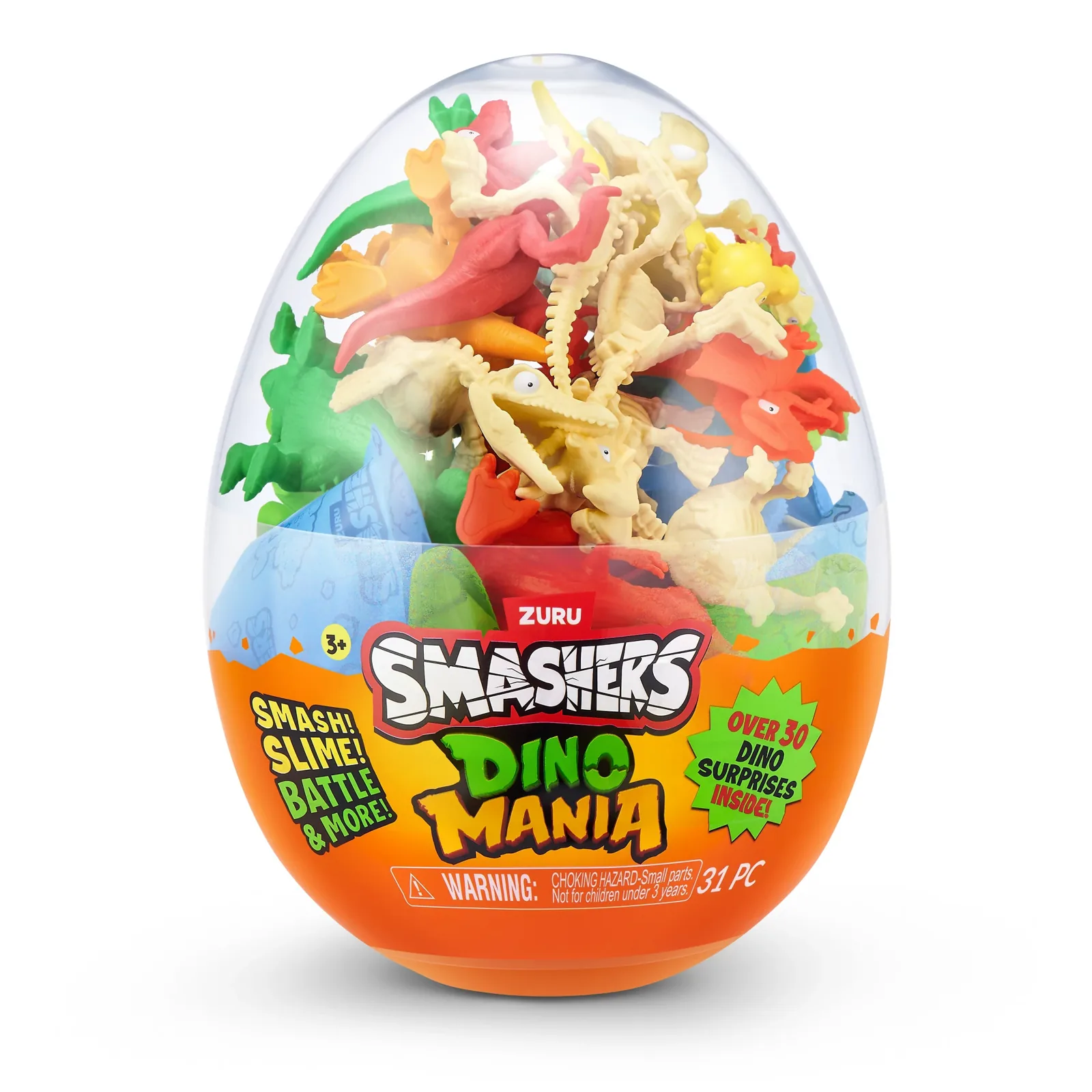 Huevo Smashers Dino Mania de ZURU cerrado, vista frontal con el reclamo de más de 30 sorpresas y 31 piezas