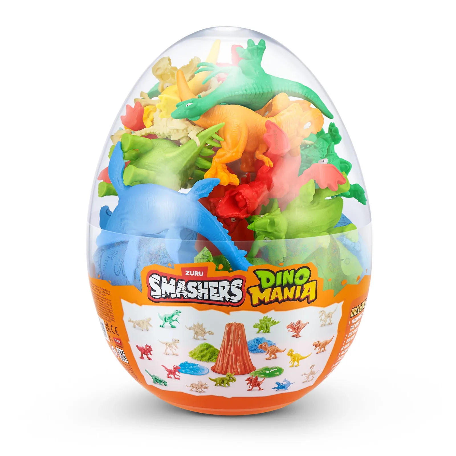 Huevo Smashers Dino Mania visto de lado, con la lámina del contenido impresa en la base naranja