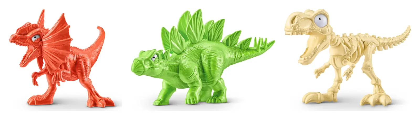 Tres figuras de Smashers Dino Mania: dilofosaurio rojo, estegosaurio verde y esqueleto de T-Rex beige