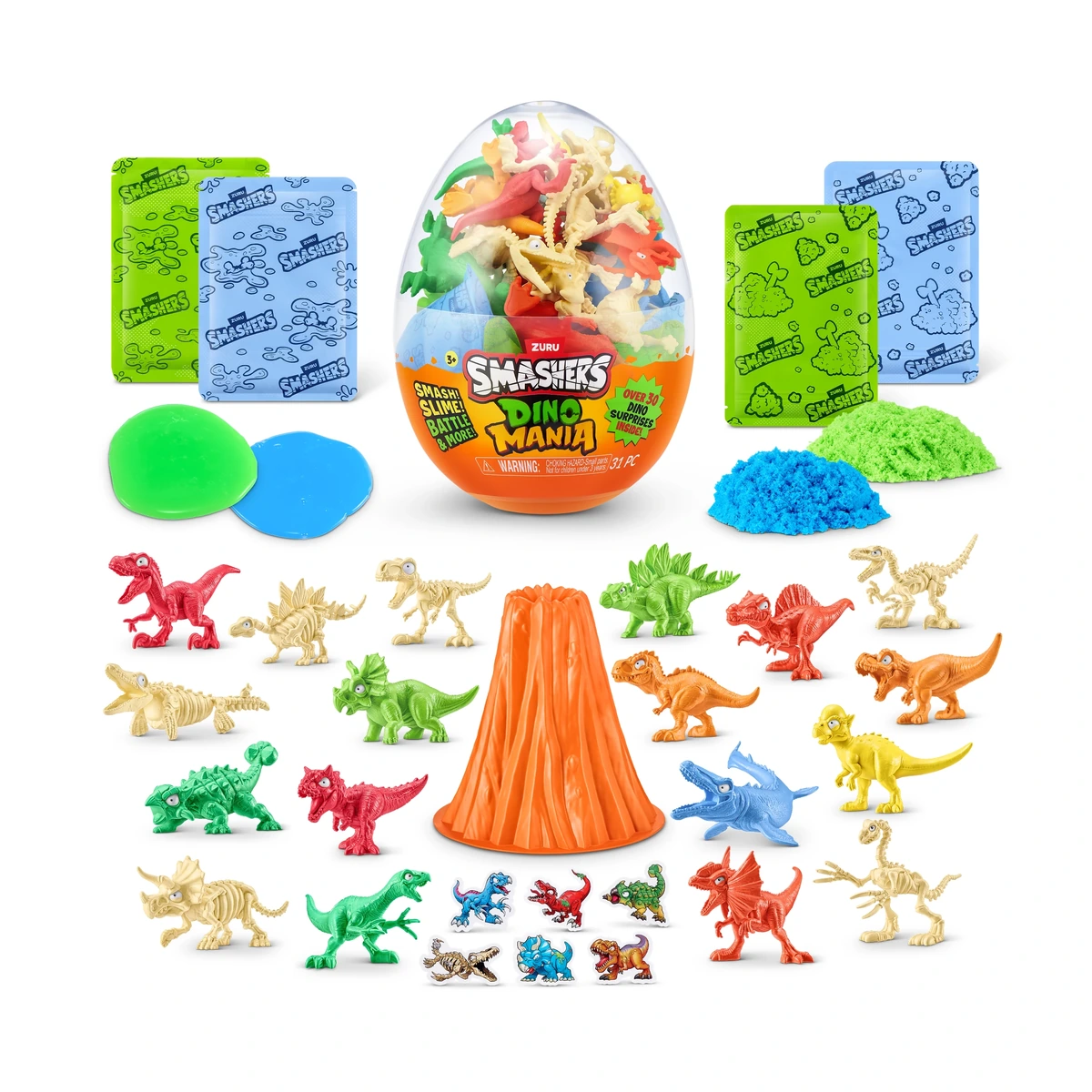 Smashers Dino Mania de ZURU: huevo transparente con 18 dinosaurios, volcán, slime, arena y pegatinas