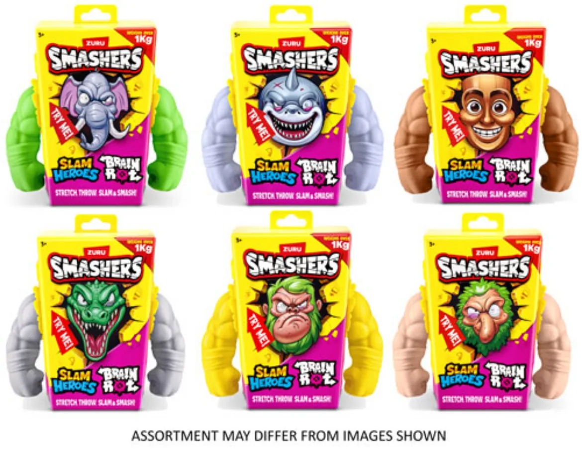 Las seis cajas de Smashers SLAM Heroes Brain Rot de ZURU, una por personaje