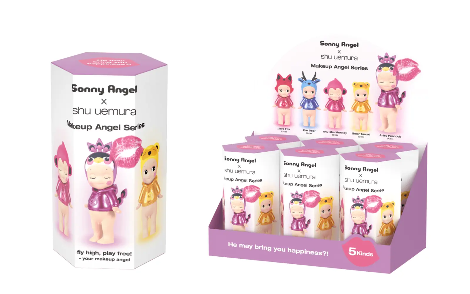 Caja individual y display de 6 blind boxes de Sonny Angel Makeup Angel Series