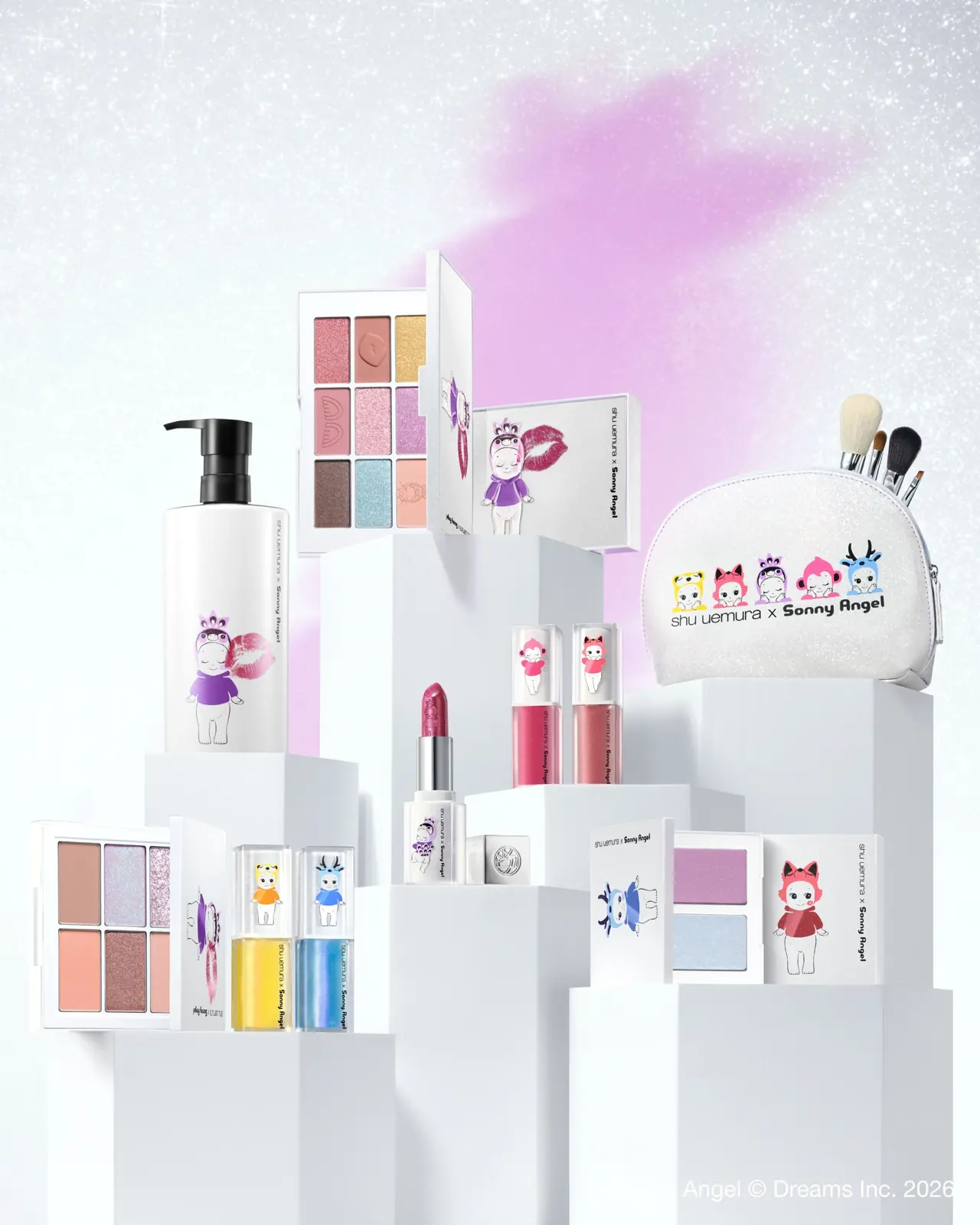 Colección de cosméticos shu uemura x Sonny Angel con paletas, labiales y neceser
