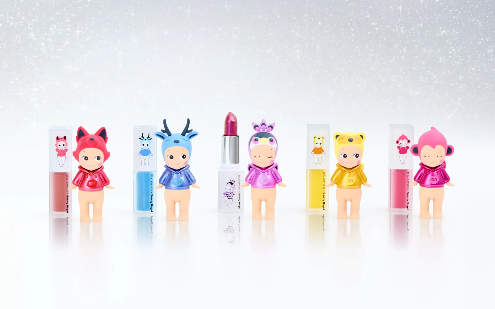 Las 5 figuras Sonny Angel x shu uemura Makeup Angel Series en fila con labiales