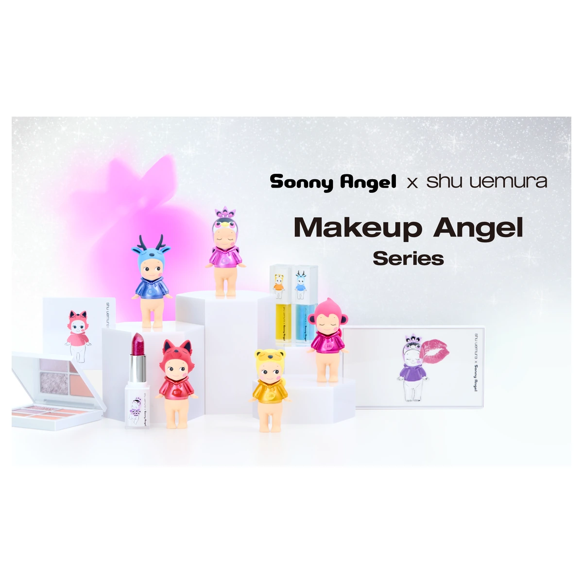 Sonny Angel x shu uemura Makeup Angel Series: las 5 figuras con sudadera metalizada junto a los cosméticos de la colaboración