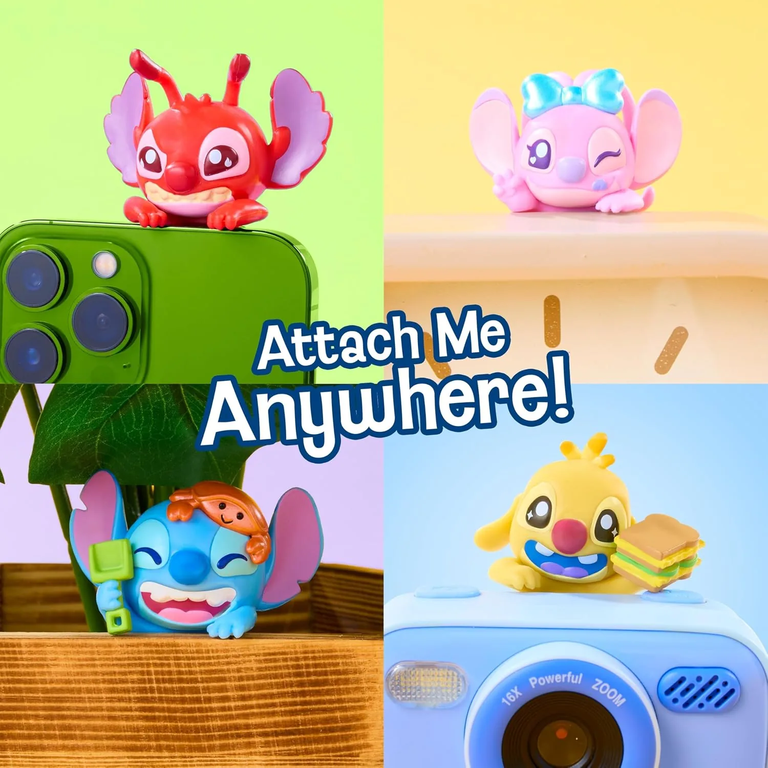 Figuras Stitch Attachmeez Serie 2 enganchadas a un móvil, una repisa, una maceta y una cámara